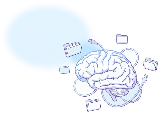 איור של מוח עם תיקיות וקבצים מסביב כסמל לעומס מידע וארגון