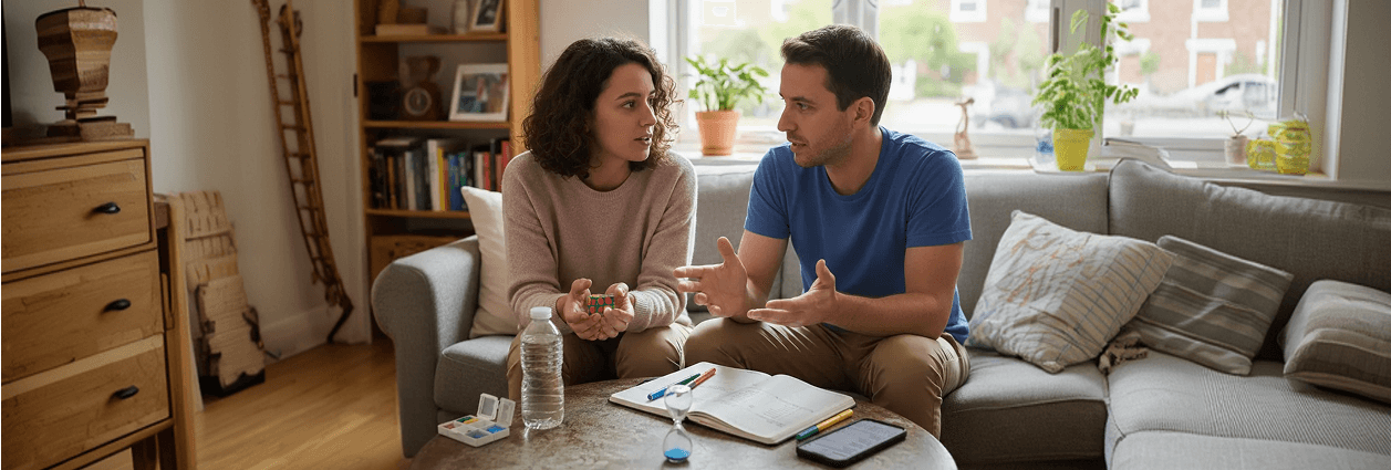 זוג משוחח יחד בסלון