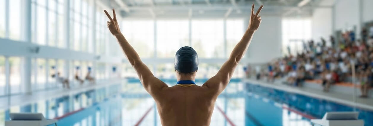 שחיין מרים ידיים מול בריכה